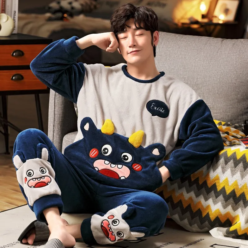 Long Sleeve Warm Flannel Pajamas Winter Men Pajama Sets Print Thicken Sleepwear Pyjamas  4XL 5XL 95kg Nightwear Set