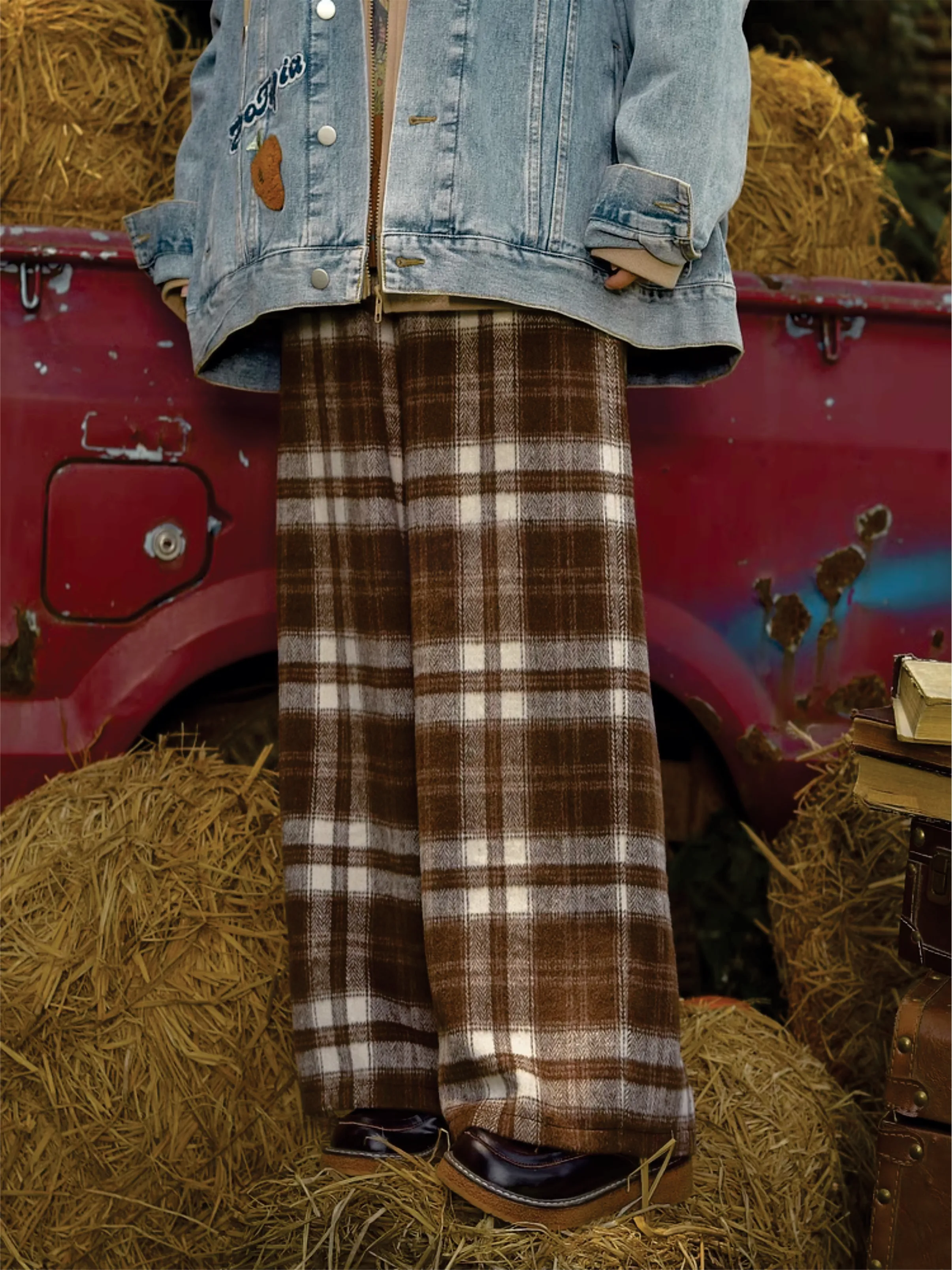 Maillard Mingle Forest Retro Casual Plaid High-Waist Pants