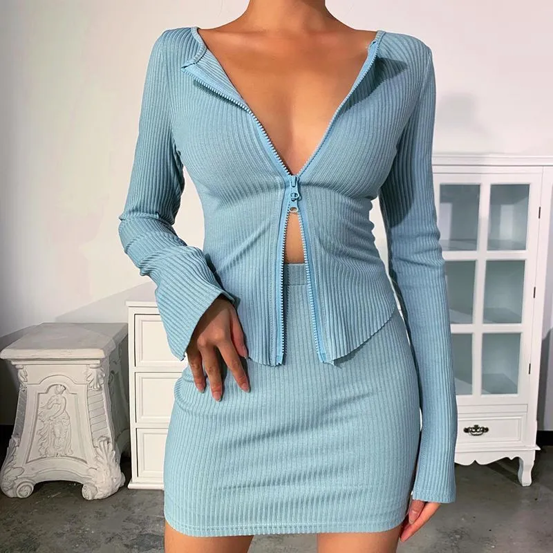 Matching Two Piece Ribbed Double Zip Top & Skirt Set Co-ord