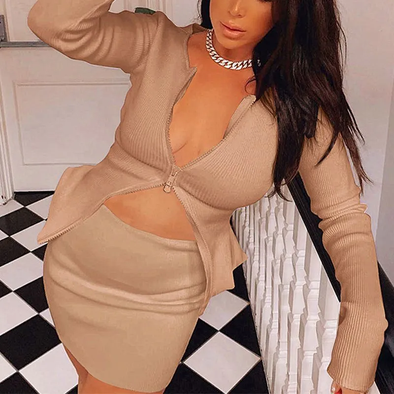 Matching Two Piece Ribbed Double Zip Top & Skirt Set Co-ord