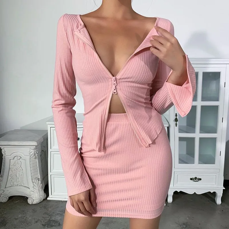 Matching Two Piece Ribbed Double Zip Top & Skirt Set Co-ord