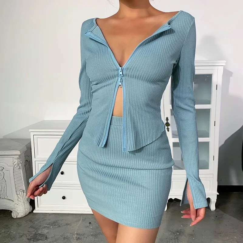 Matching Two Piece Ribbed Double Zip Top & Skirt Set Co-ord