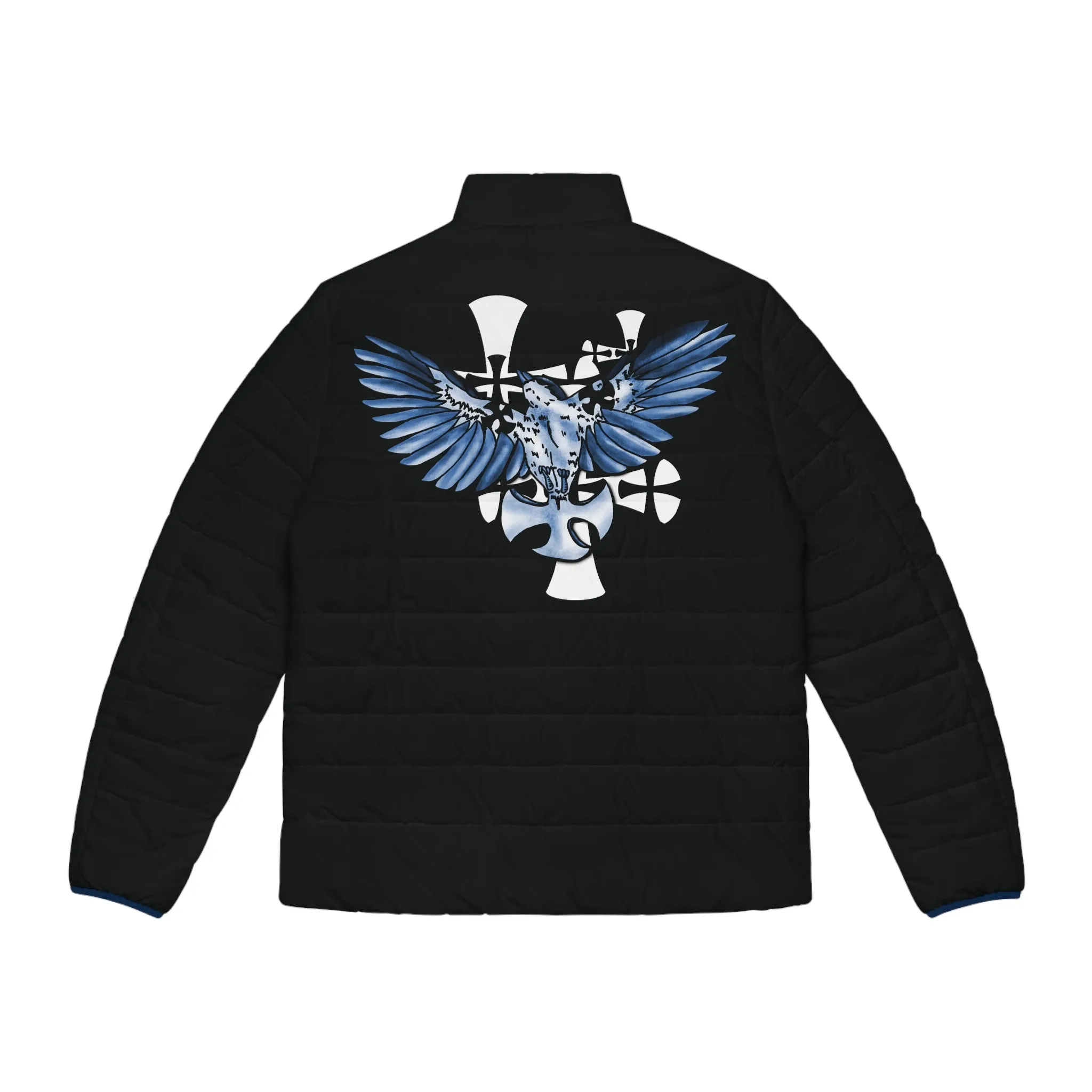 Men's Black Puffer Jacket-Mockingbird Graphic Print