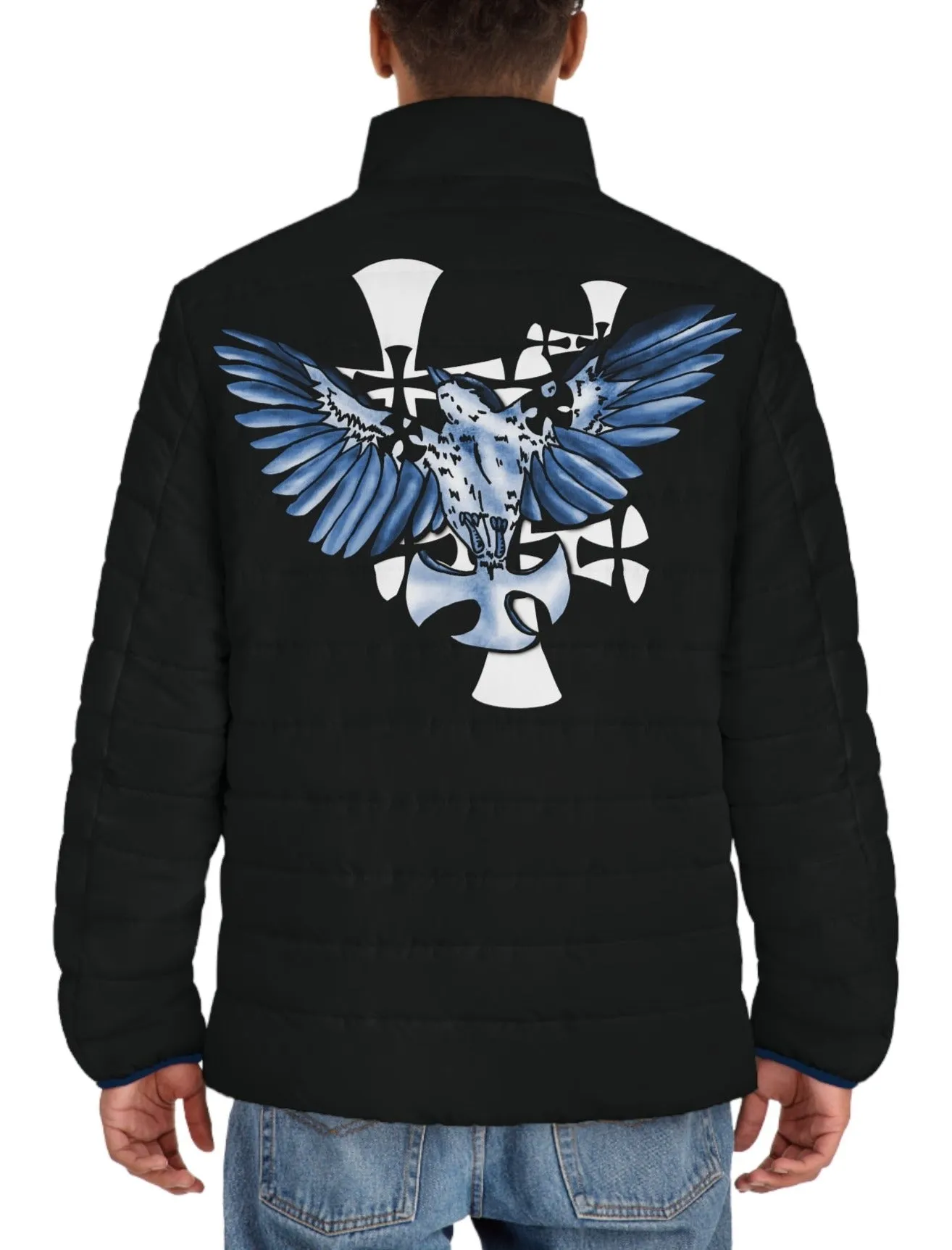 Men's Black Puffer Jacket-Mockingbird Graphic Print