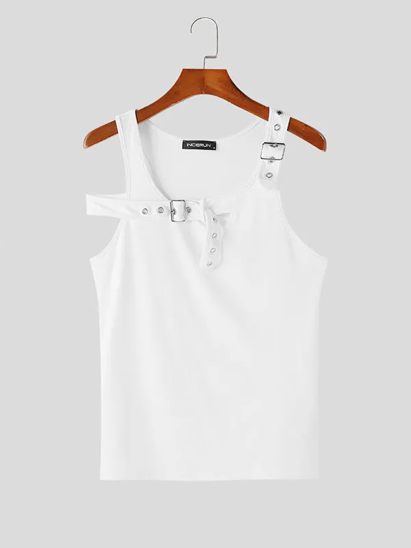 Mens Stylish Knit Sleeveless Vest with Buckle Deconstruction - SKU K46356