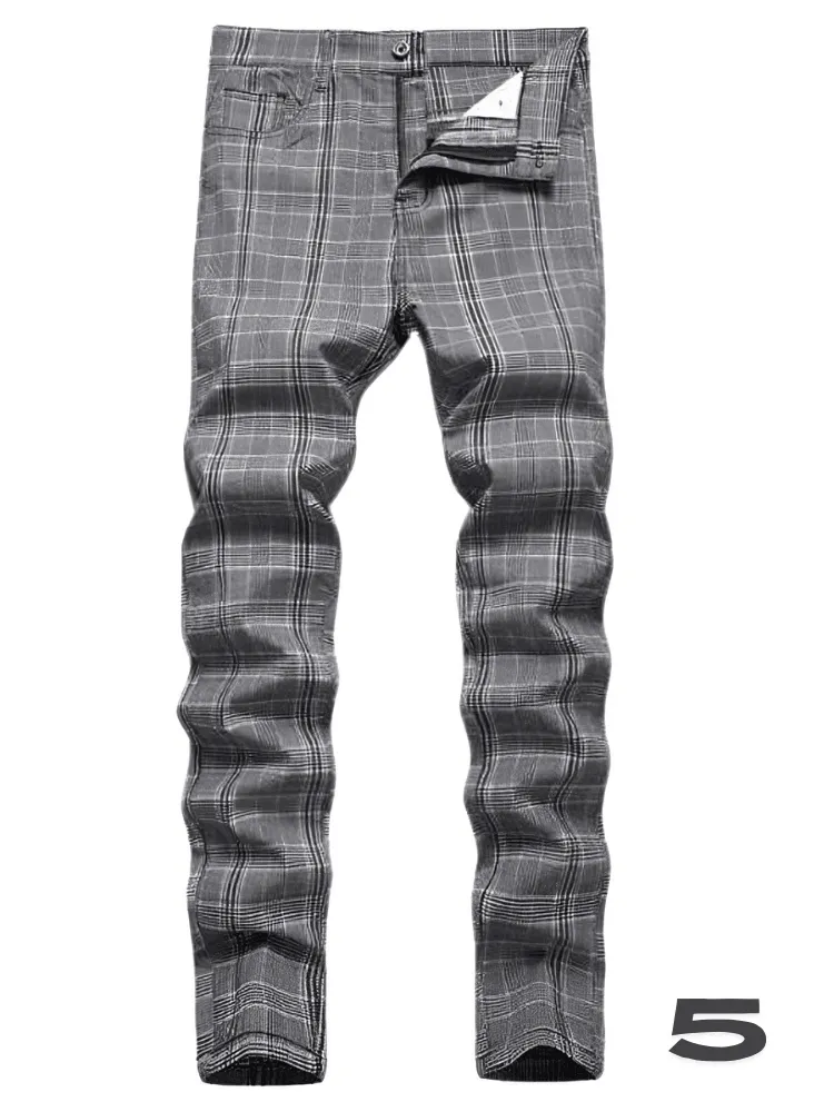 Men's Casual Plaid Pants High Stretch Straight Leg Trousers Slim Fit