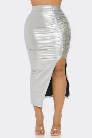 Metallic Ruched Slit Midi Skirt