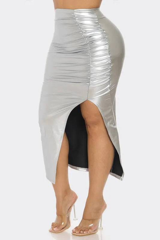 Metallic Ruched Slit Midi Skirt