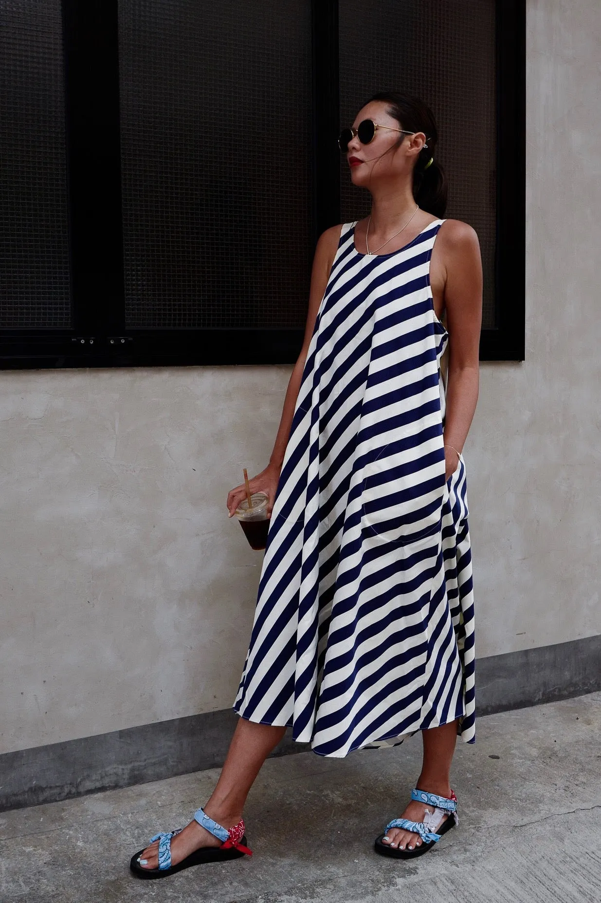 NAVY STRIPE LOW BACK CANVAS DRESS *BEST BUY*