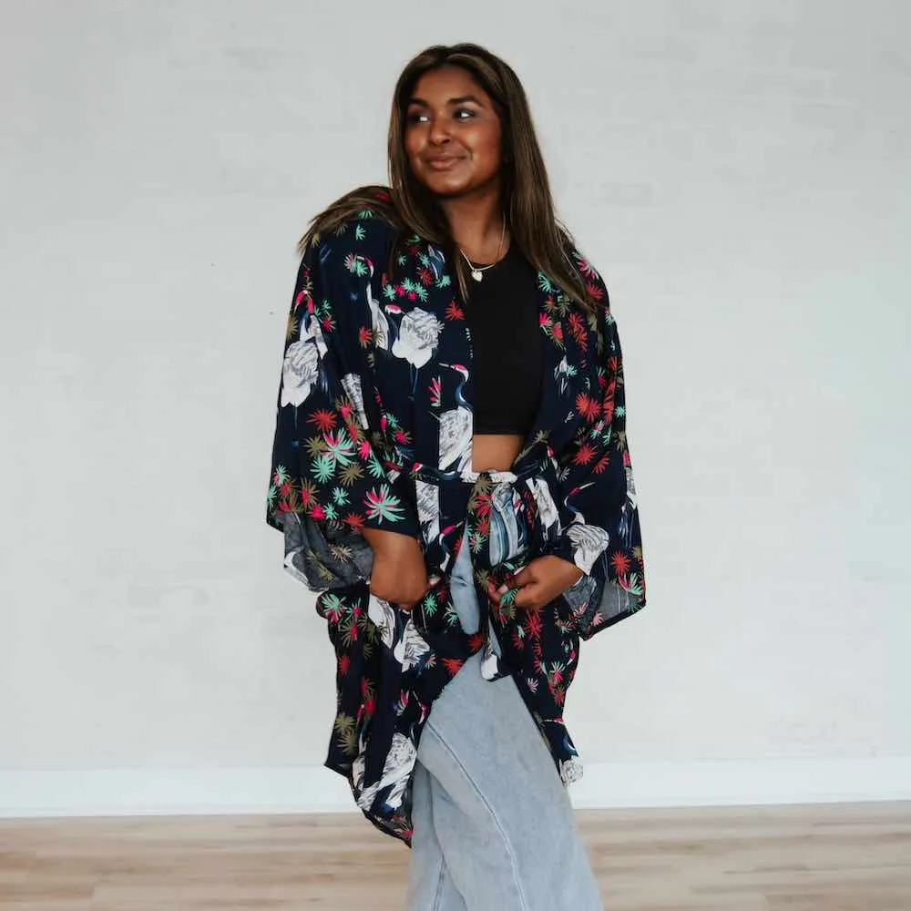 Navy Tropical Birds Tie Front Kimono