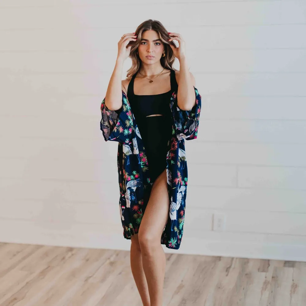 Navy Tropical Birds Tie Front Kimono