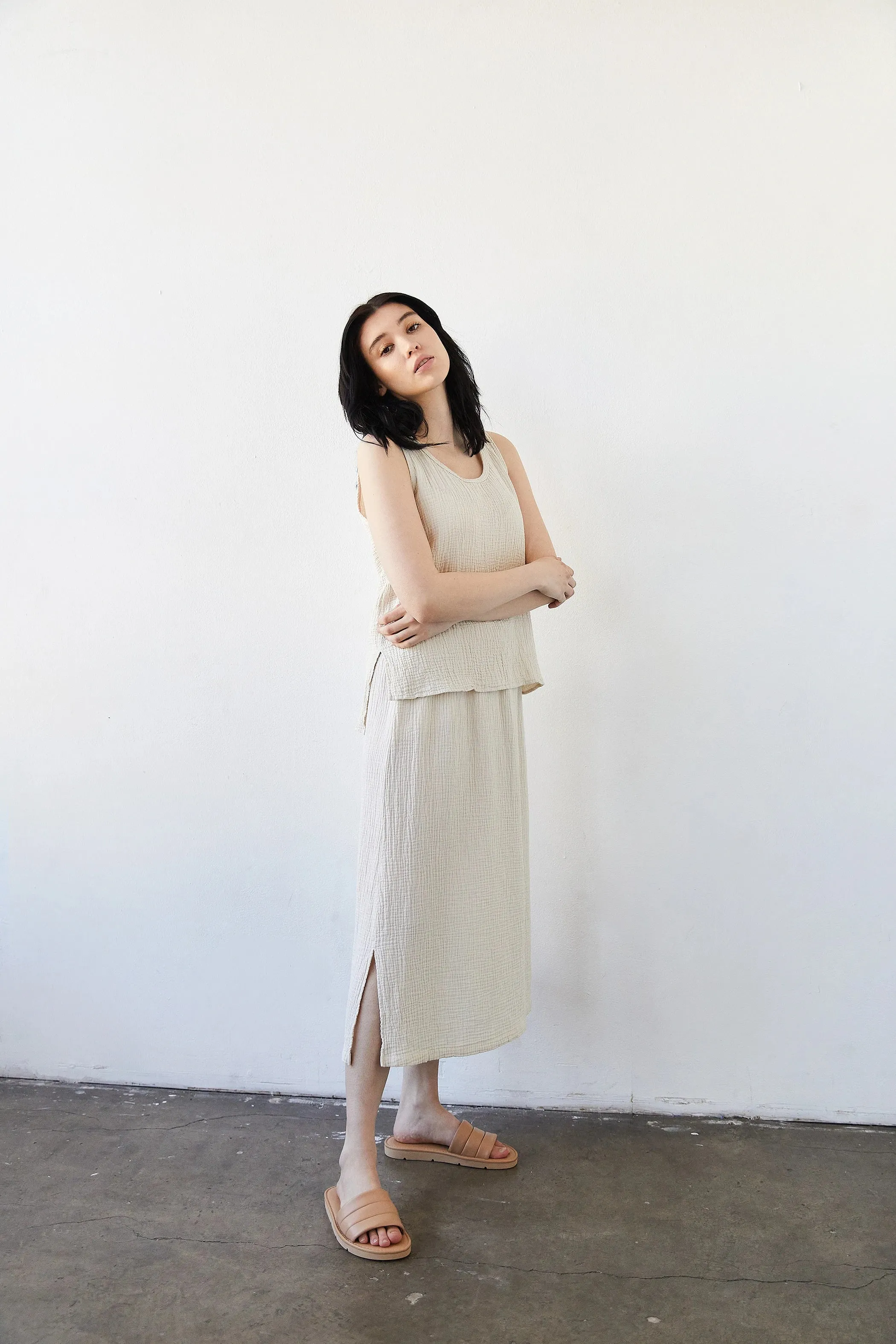 Organic Gauze Slit Skirt in Natural