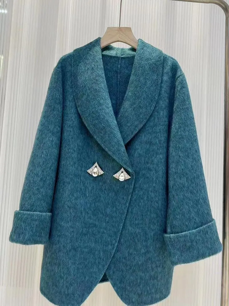 Oversize Double-Sided Wool Diamond Button Coat