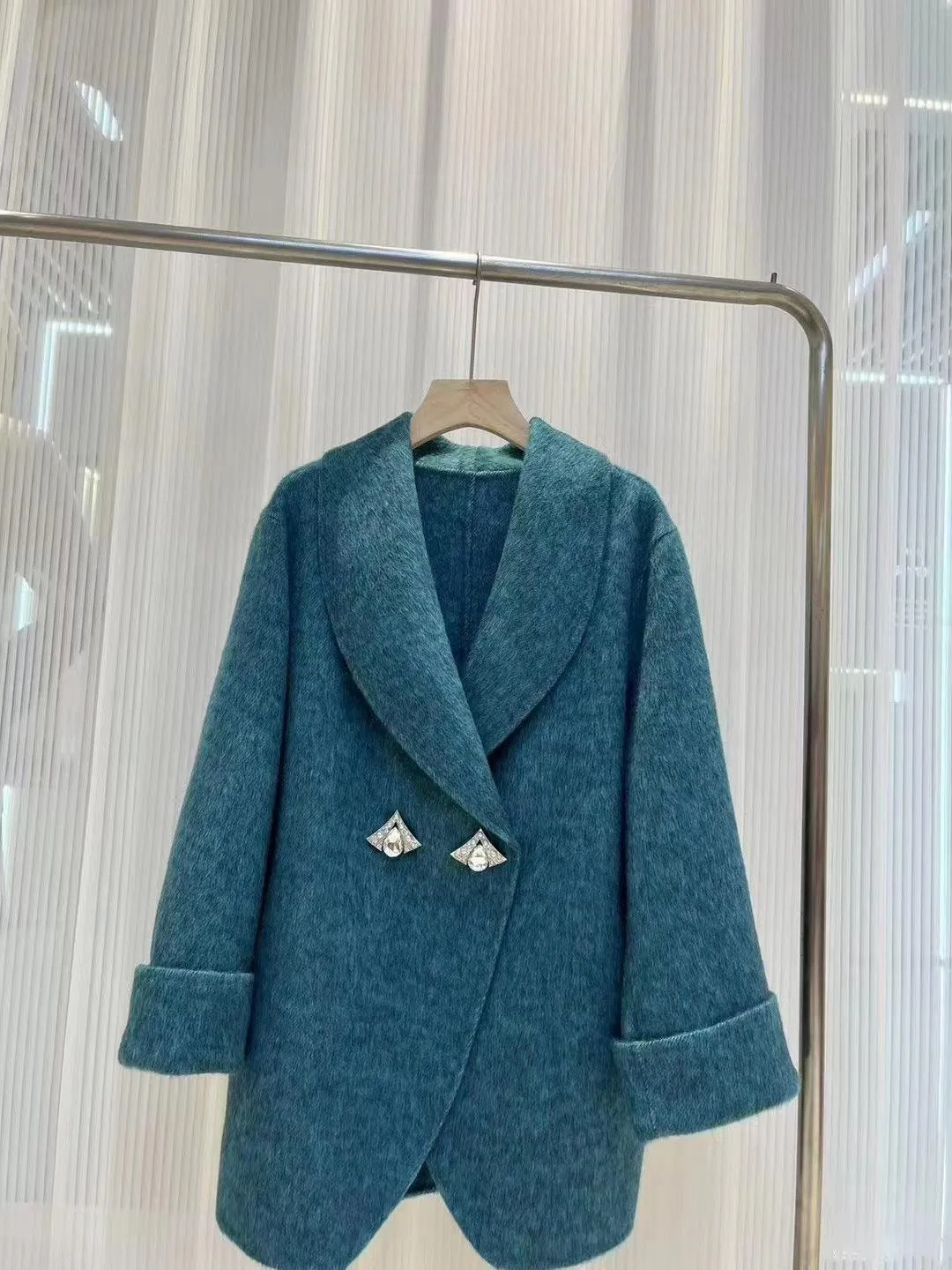 Oversize Double-Sided Wool Diamond Button Coat