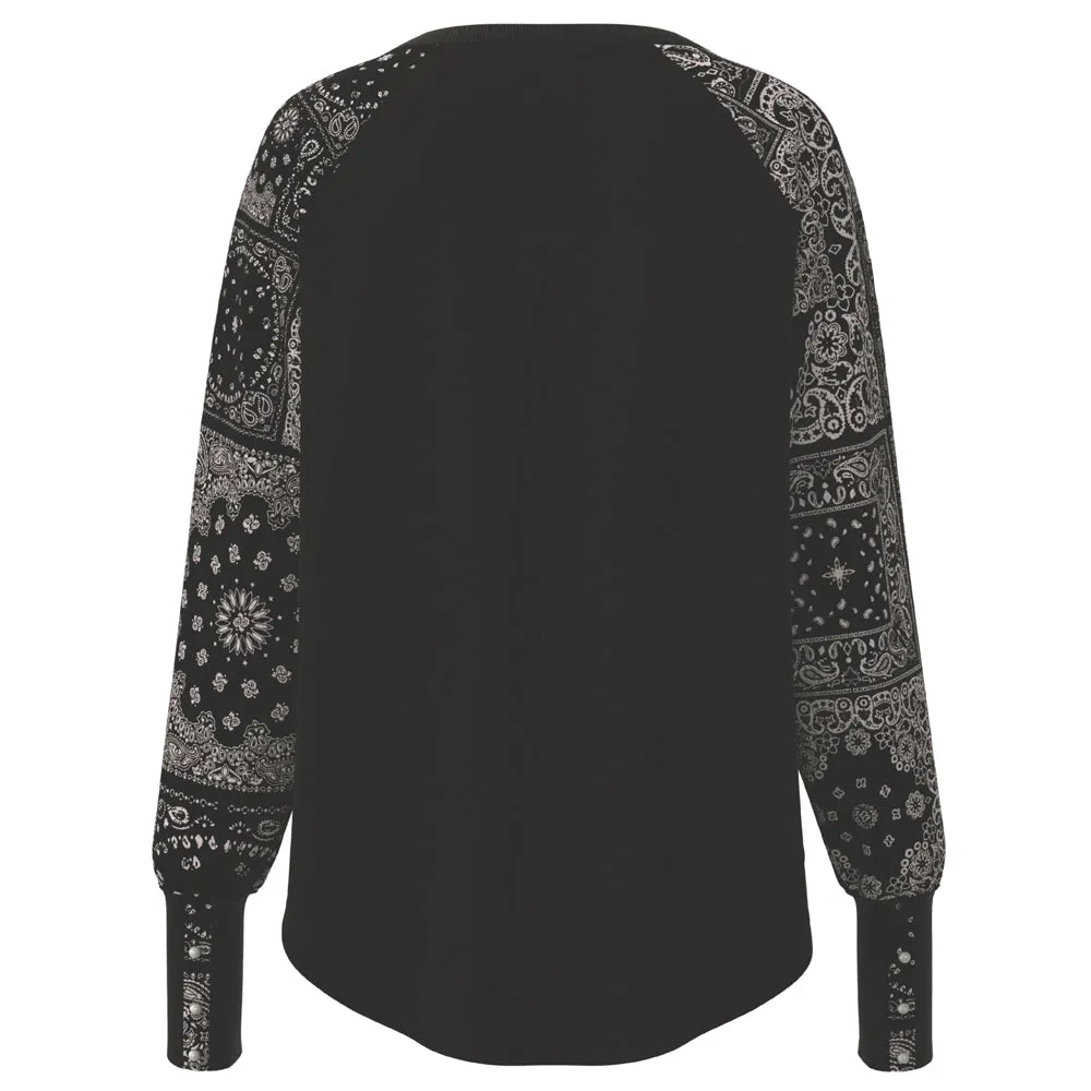 "Ladies Henley" Black/White w/Bandana Pattern Long Sleeve Thermal Shirt