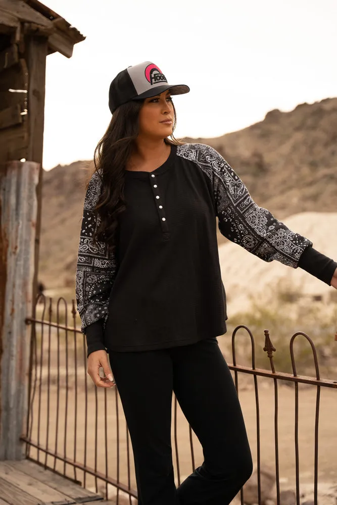 "Ladies Henley" Black/White w/Bandana Pattern Long Sleeve Thermal Shirt