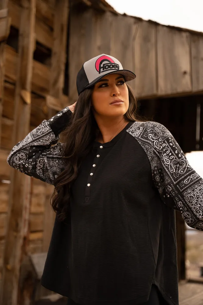 "Ladies Henley" Black/White w/Bandana Pattern Long Sleeve Thermal Shirt