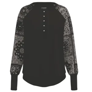 "Ladies Henley" Black/White w/Bandana Pattern Long Sleeve Thermal Shirt