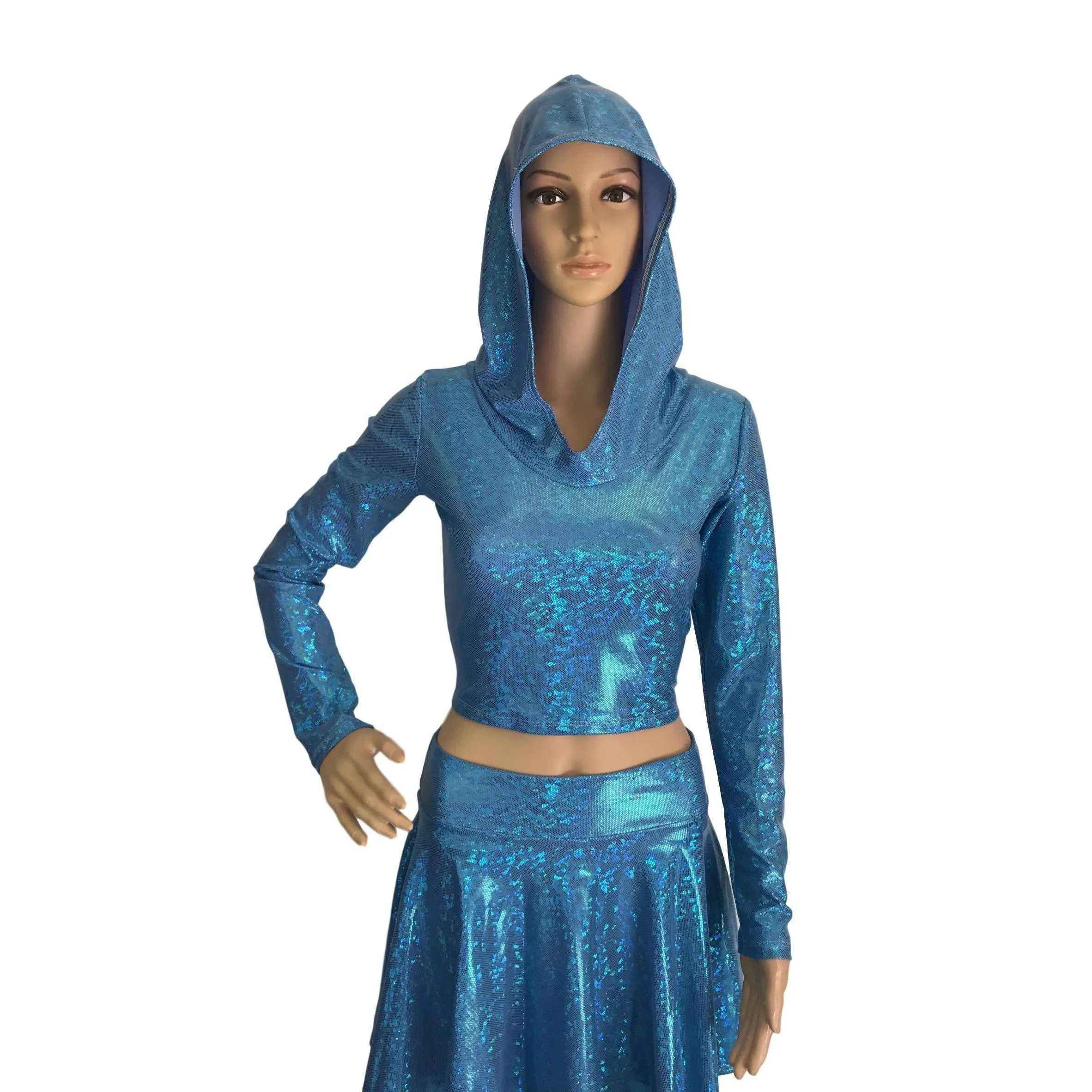 Rave Outfit - Blue Shattered Glass High Waisted Skater Skirt Oil & Long Sleeve Cropped Hoodie