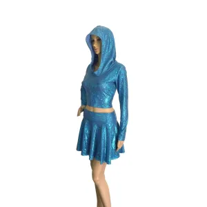 Rave Outfit - Blue Shattered Glass High Waisted Skater Skirt Oil & Long Sleeve Cropped Hoodie