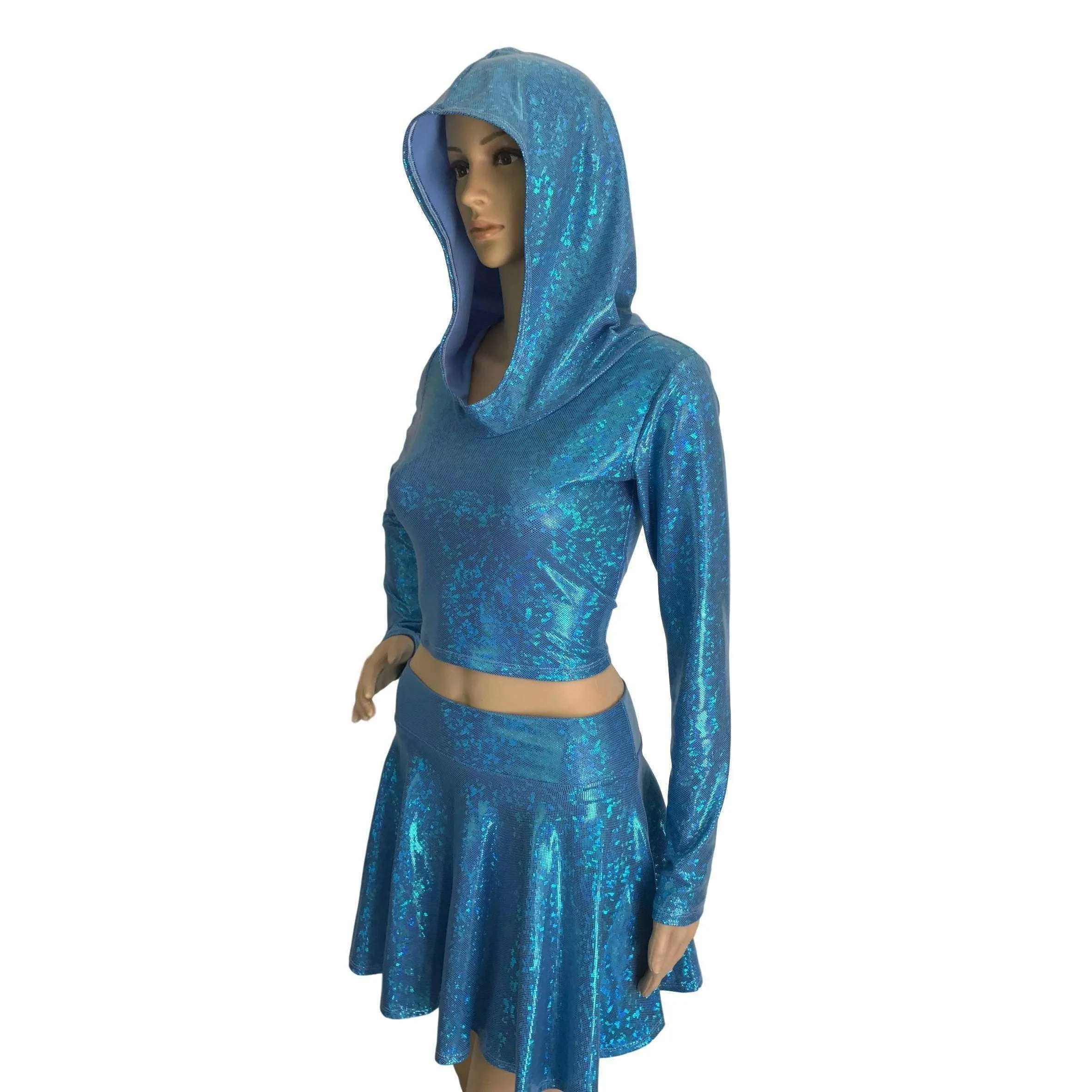 Rave Outfit - Blue Shattered Glass High Waisted Skater Skirt Oil & Long Sleeve Cropped Hoodie