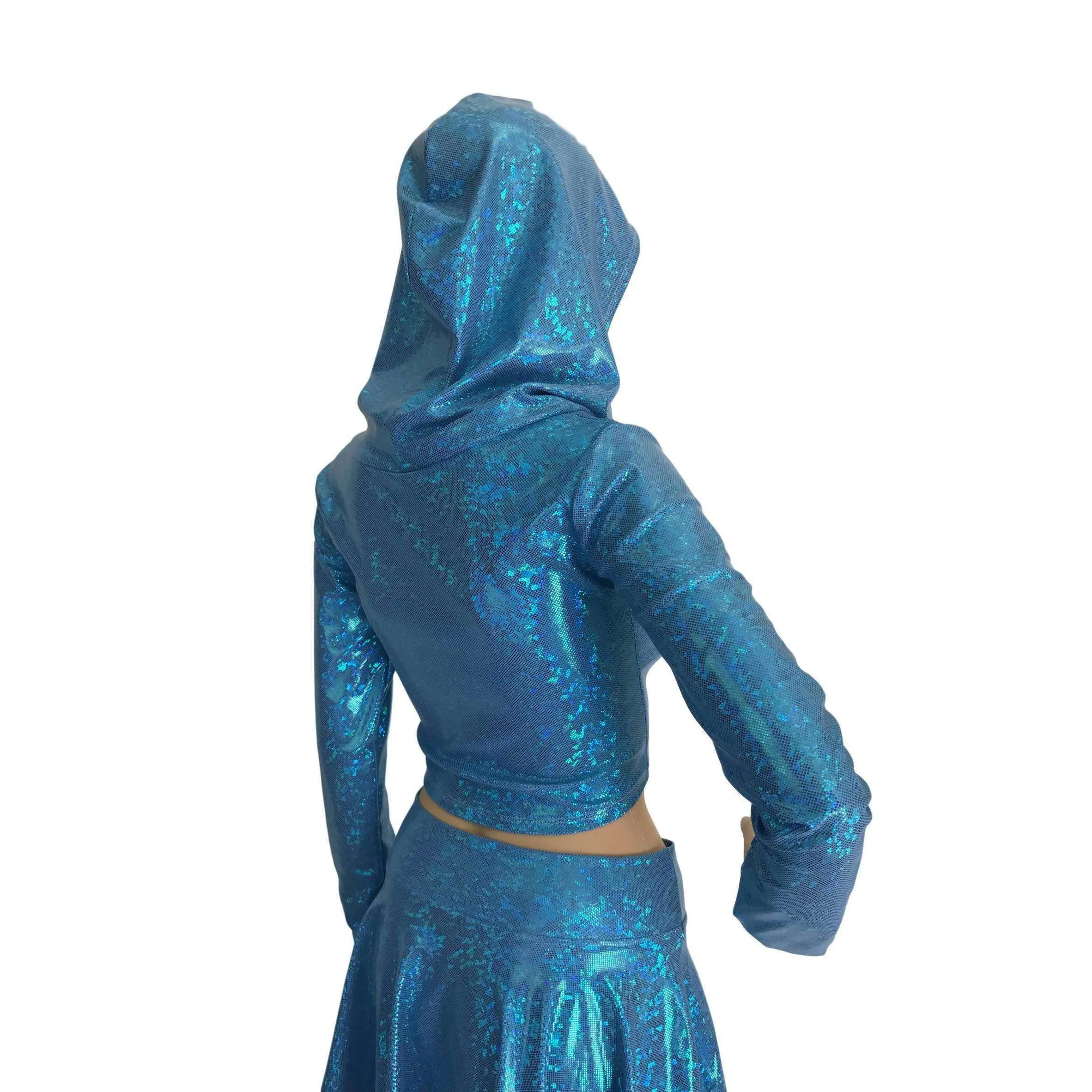 Rave Outfit - Blue Shattered Glass High Waisted Skater Skirt Oil & Long Sleeve Cropped Hoodie