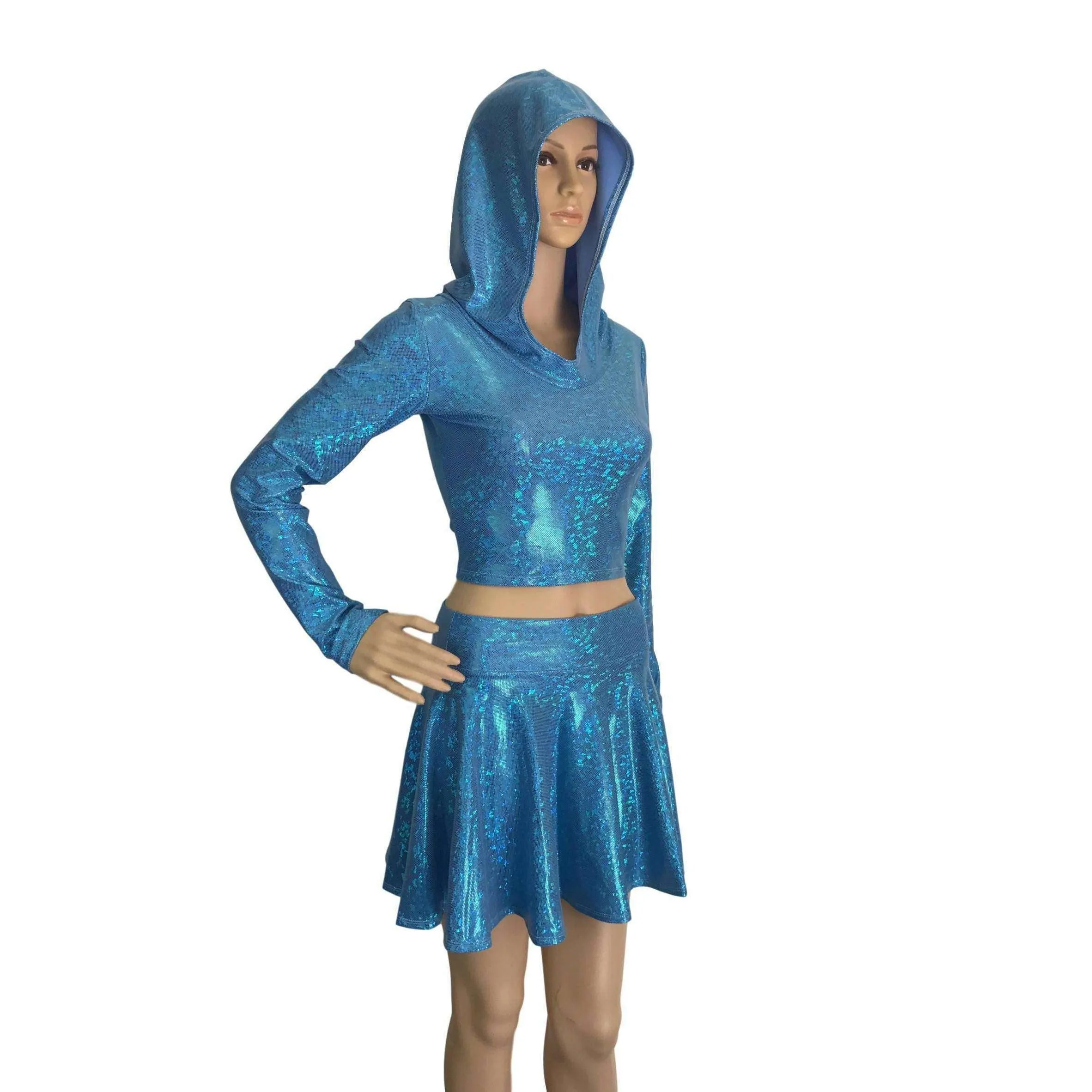 Rave Outfit - Blue Shattered Glass High Waisted Skater Skirt Oil & Long Sleeve Cropped Hoodie