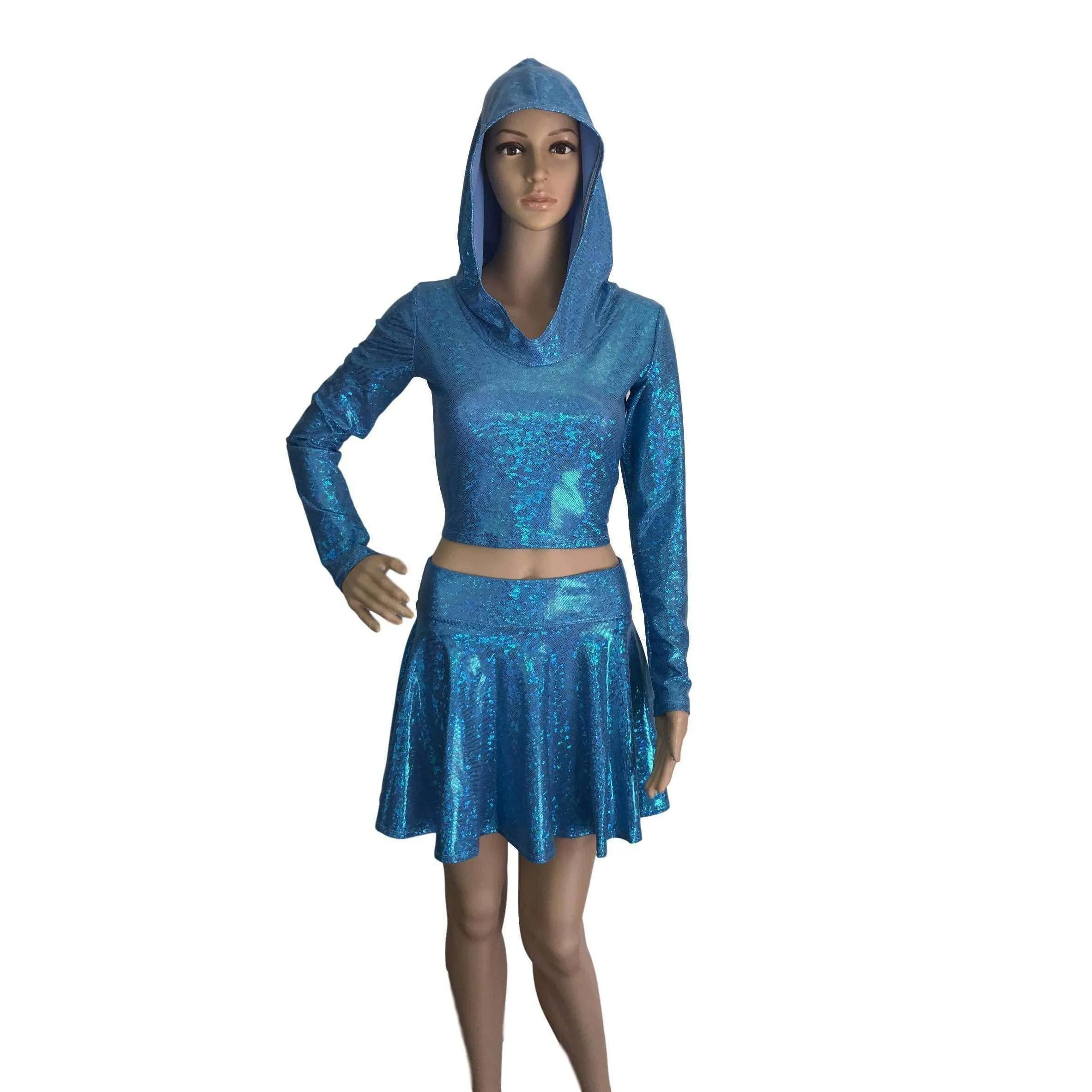 Rave Outfit - Blue Shattered Glass High Waisted Skater Skirt Oil & Long Sleeve Cropped Hoodie