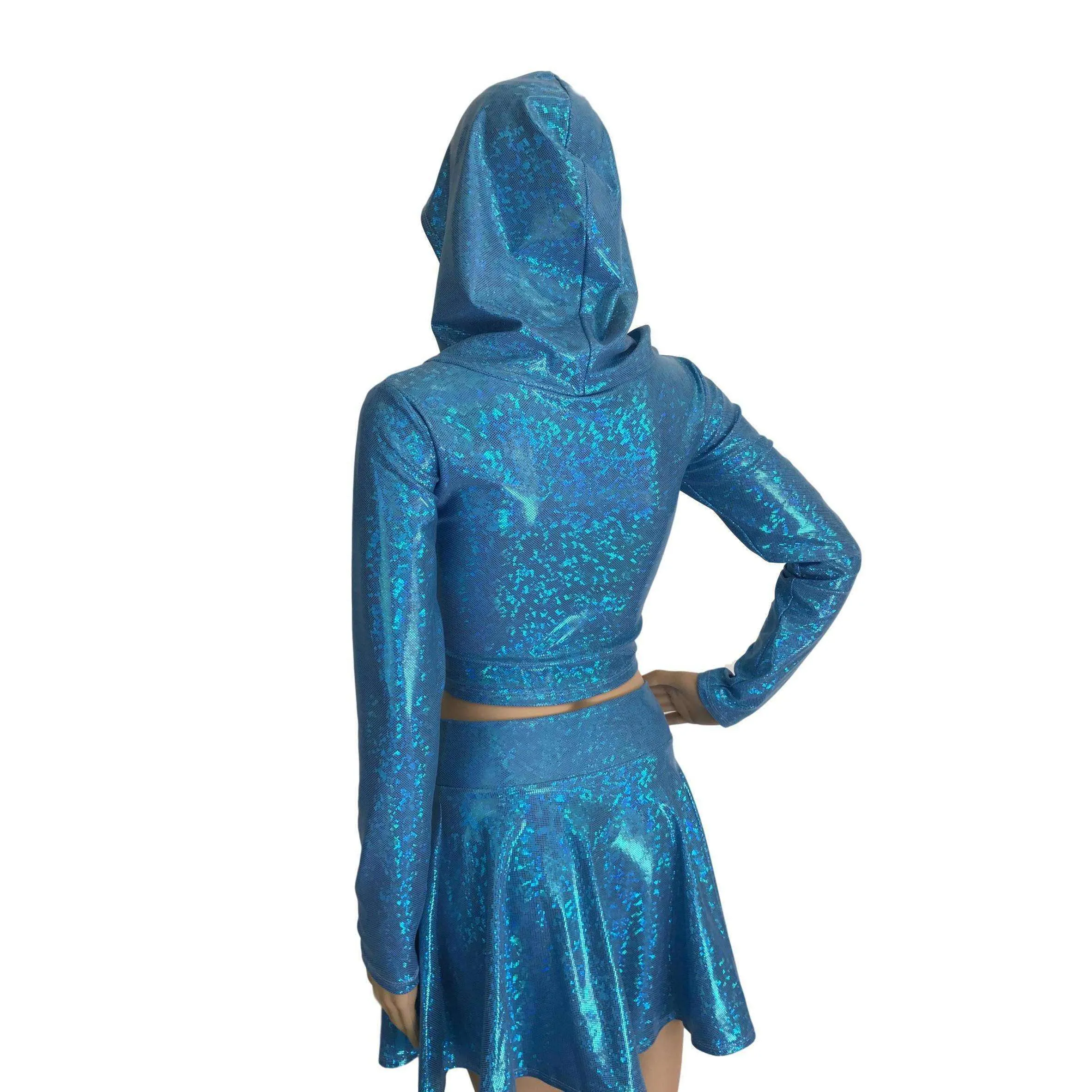 Rave Outfit - Blue Shattered Glass High Waisted Skater Skirt Oil & Long Sleeve Cropped Hoodie