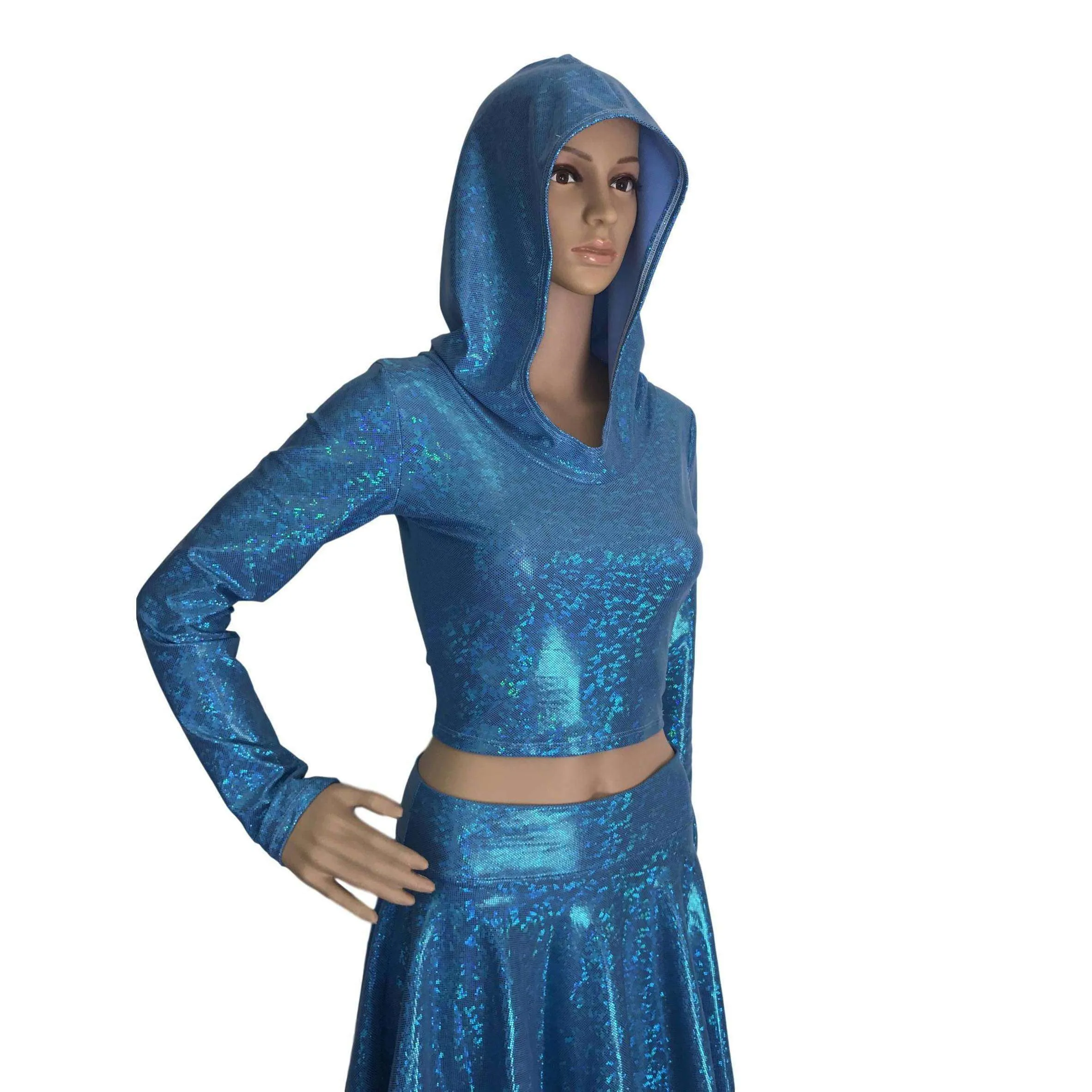 Rave Outfit - Blue Shattered Glass High Waisted Skater Skirt Oil & Long Sleeve Cropped Hoodie