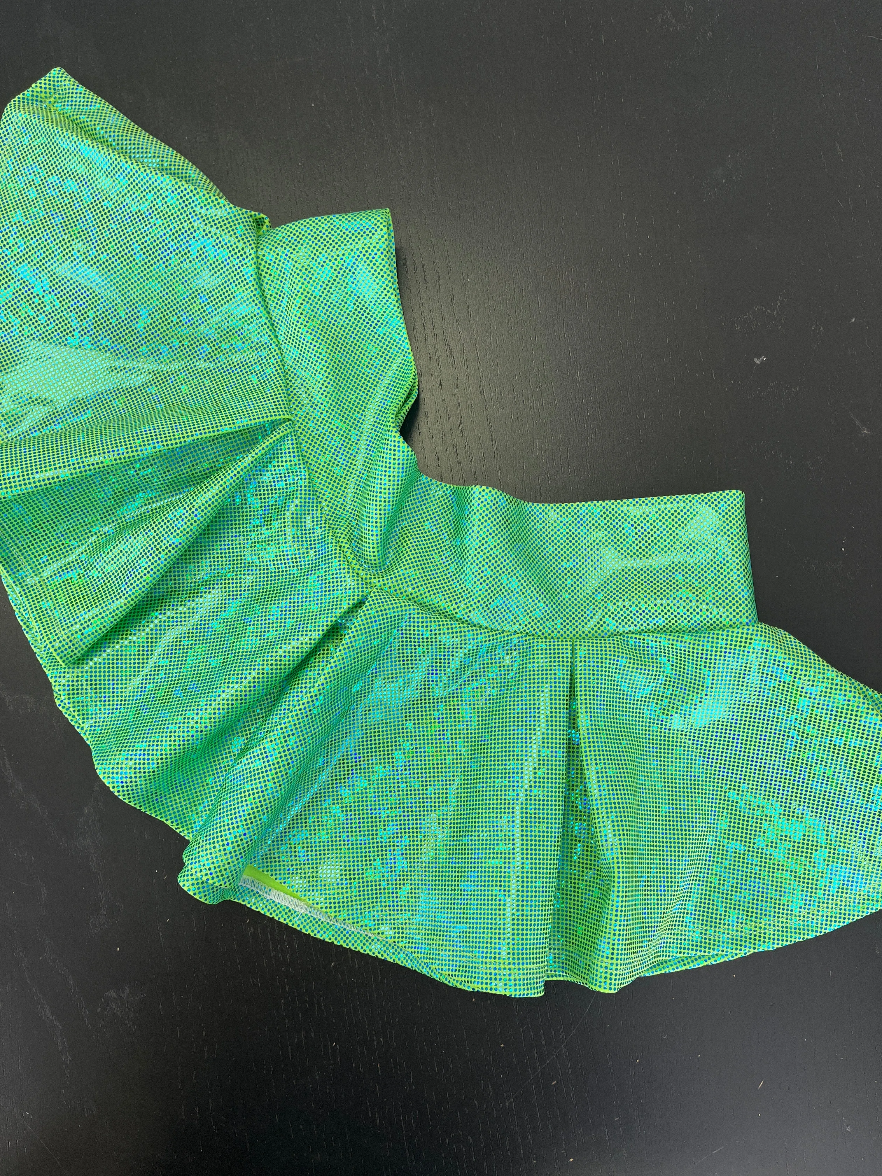 SALE - LARGE -9”Pleated Skater Skirt - Lime Holographic Shattered Glass