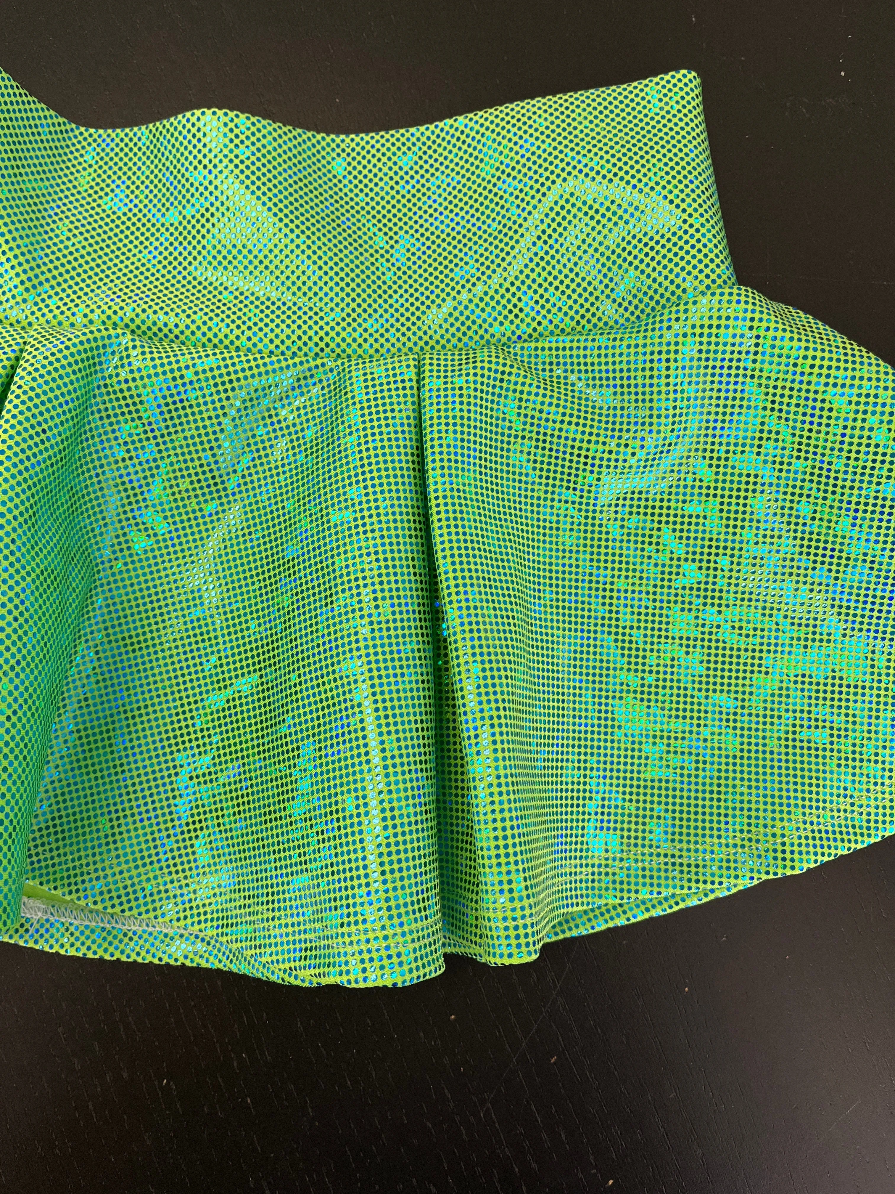 SALE - LARGE -9”Pleated Skater Skirt - Lime Holographic Shattered Glass