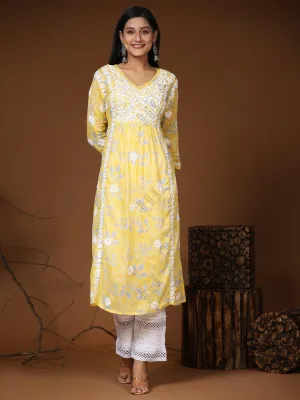 Samma Mul Printed  Hand Embroidery Chikankari Kurta- Yellow