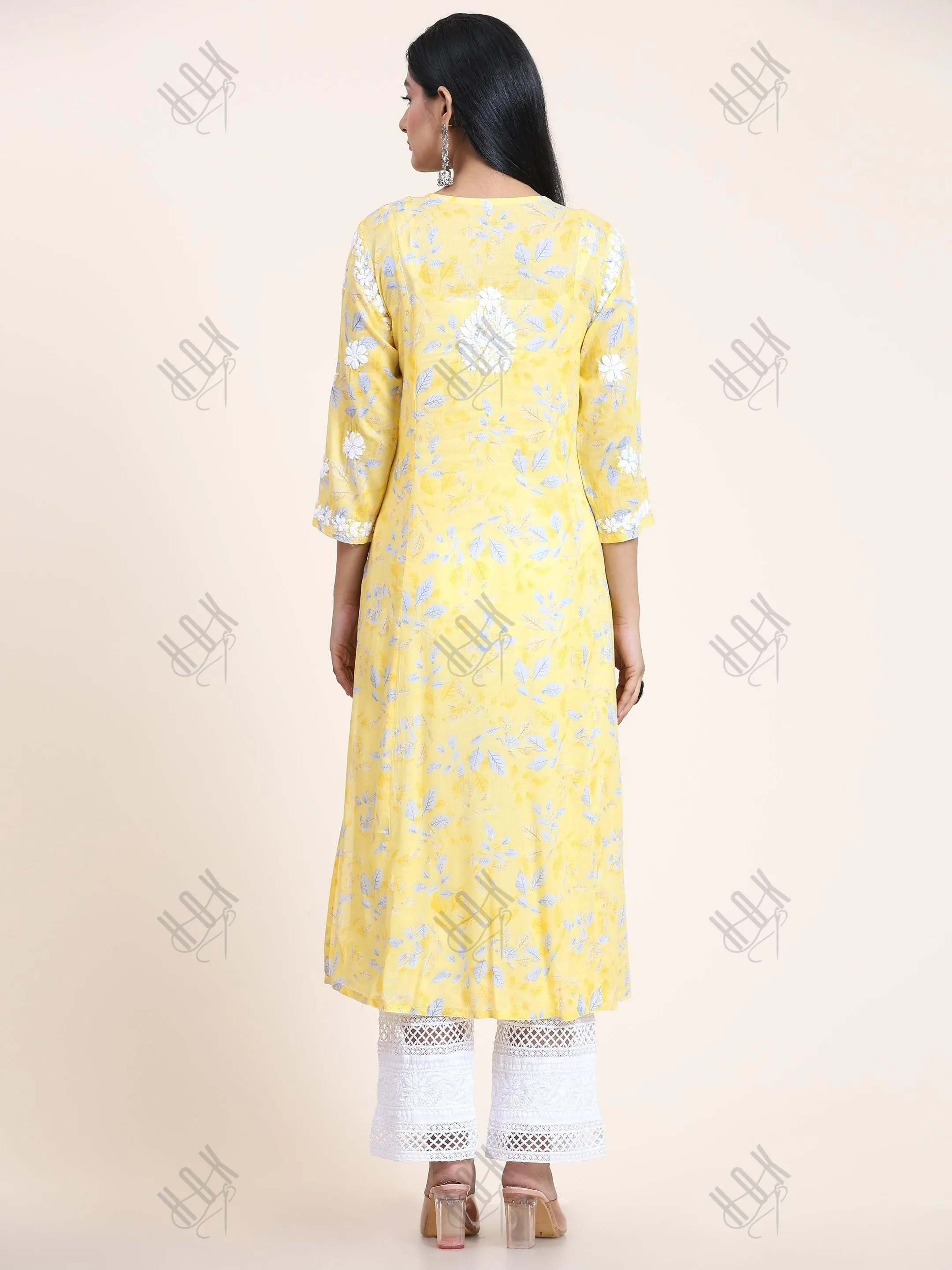 Samma Mul Printed  Hand Embroidery Chikankari Kurta- Yellow