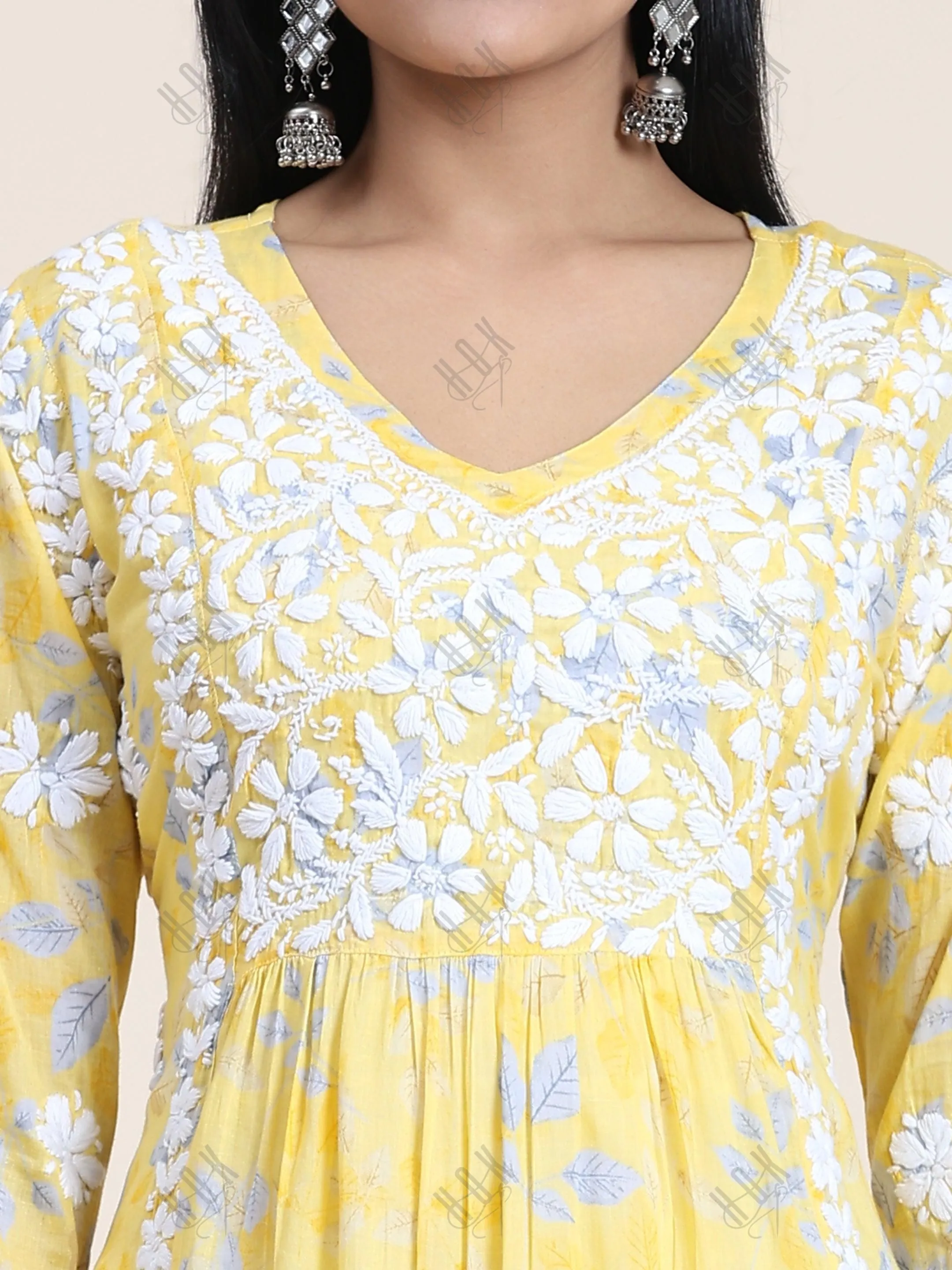 Samma Mul Printed  Hand Embroidery Chikankari Kurta- Yellow