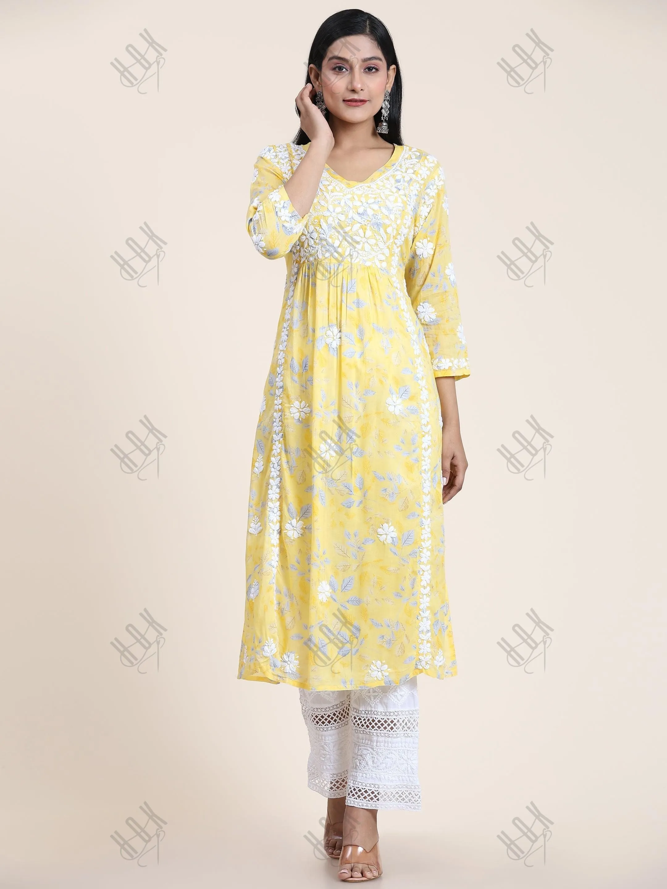 Samma Mul Printed  Hand Embroidery Chikankari Kurta- Yellow