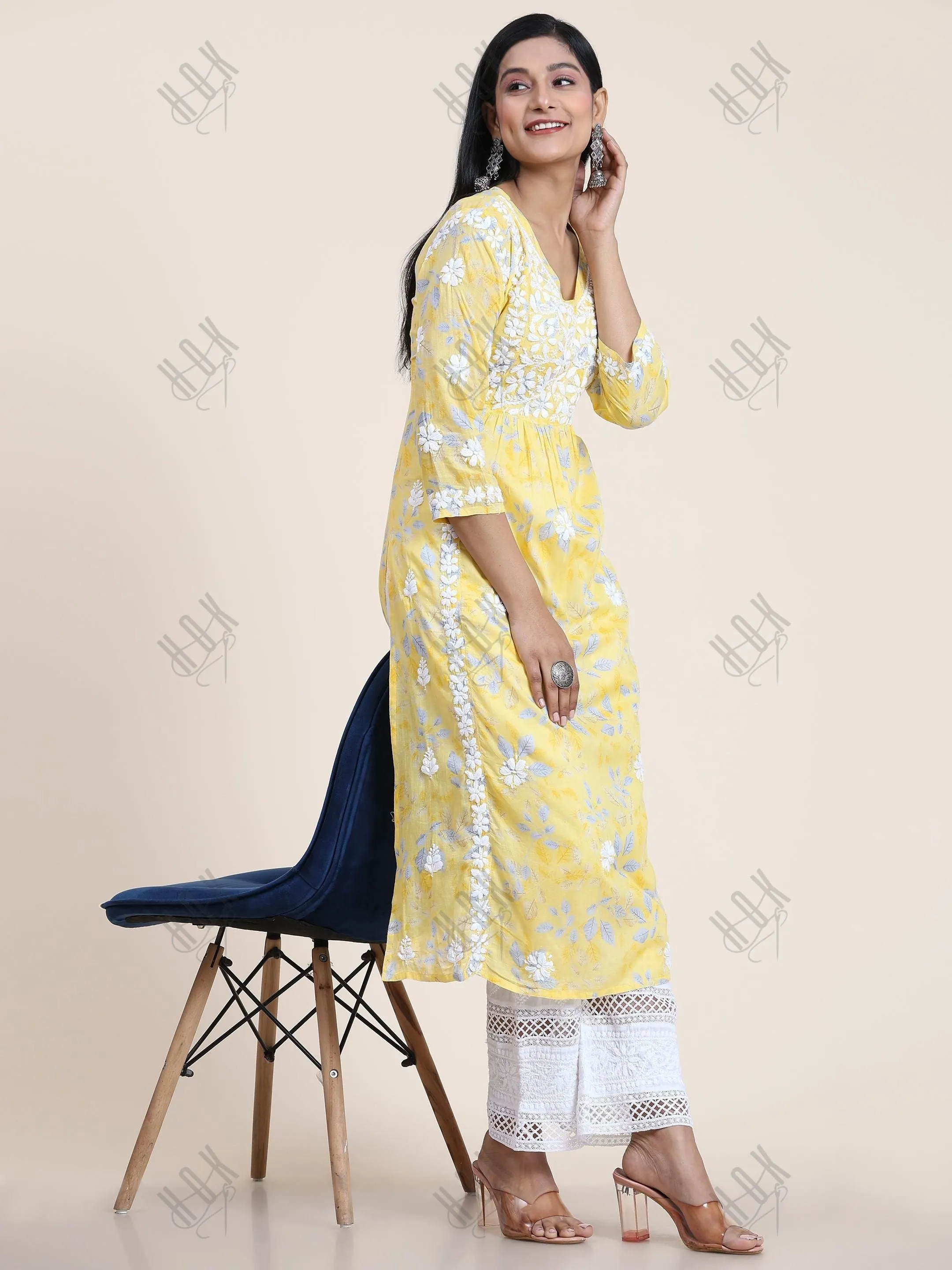 Samma Mul Printed  Hand Embroidery Chikankari Kurta- Yellow