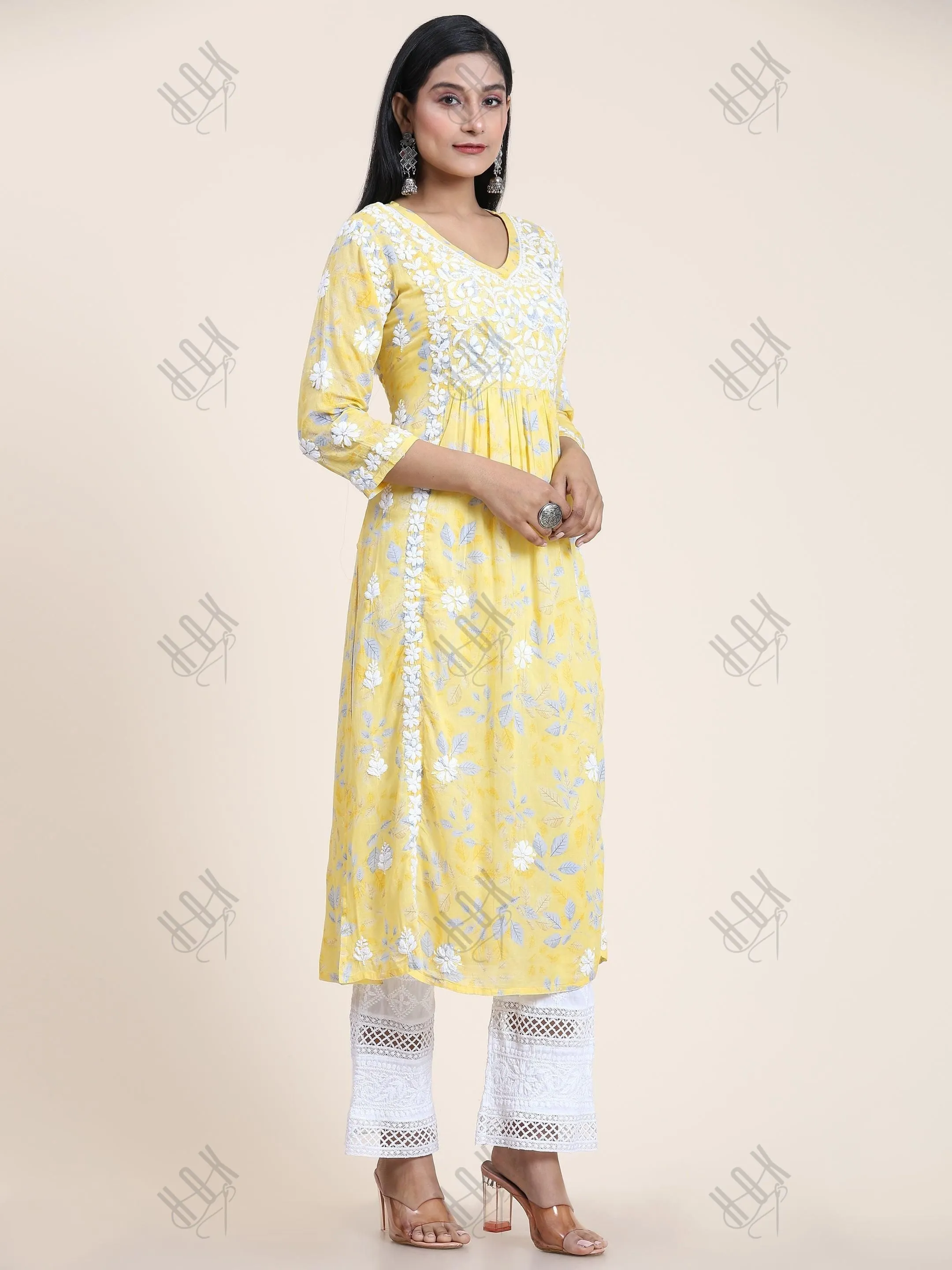 Samma Mul Printed  Hand Embroidery Chikankari Kurta- Yellow