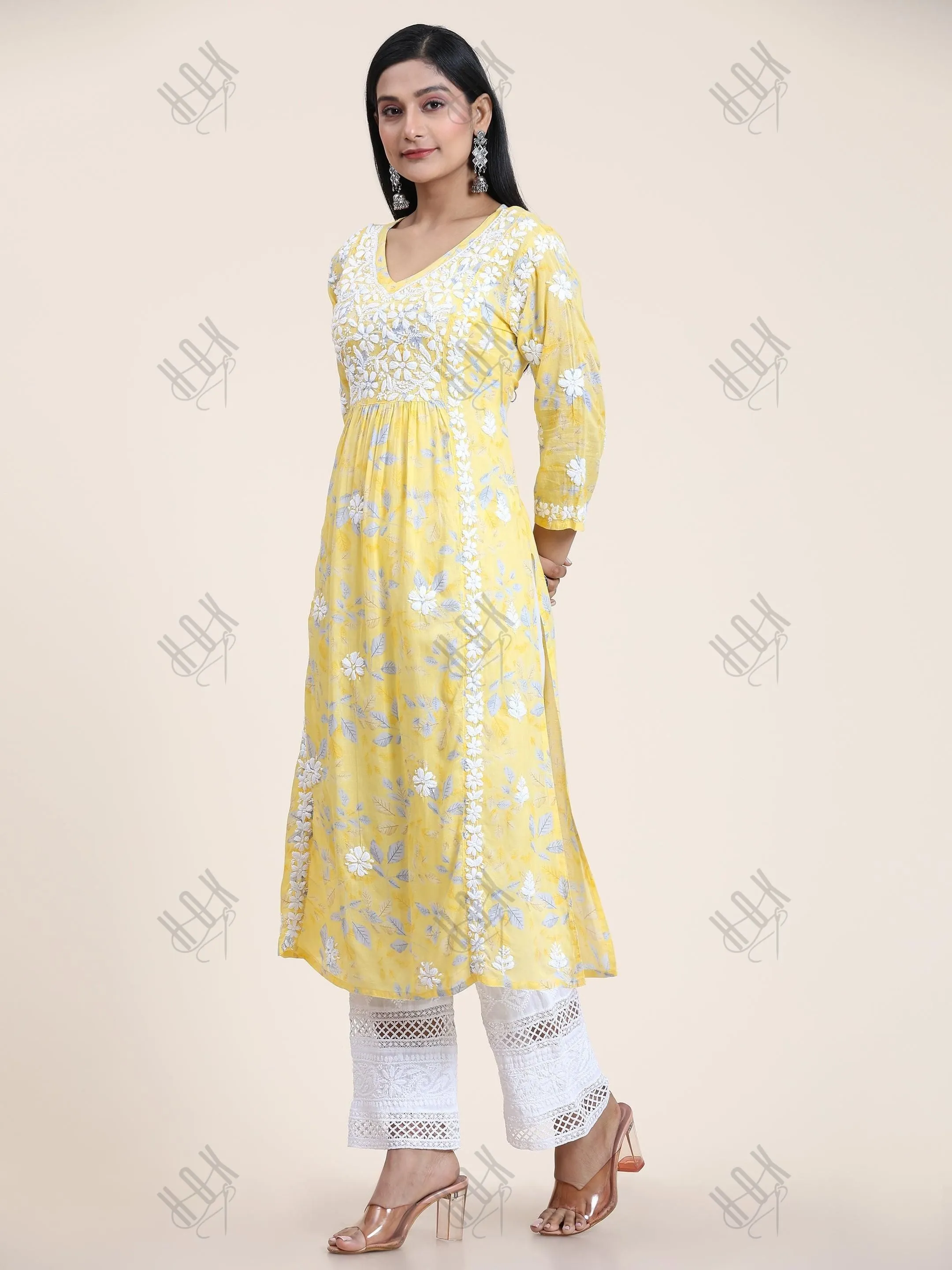 Samma Mul Printed  Hand Embroidery Chikankari Kurta- Yellow