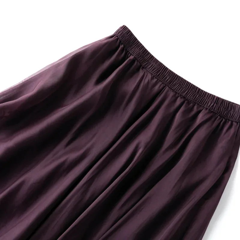 Silk Purple Skirt - Ankle-Length Pleated Office Lady Style