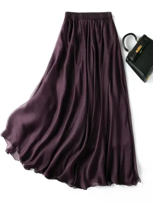 Silk Purple Skirt - Ankle-Length Pleated Office Lady Style