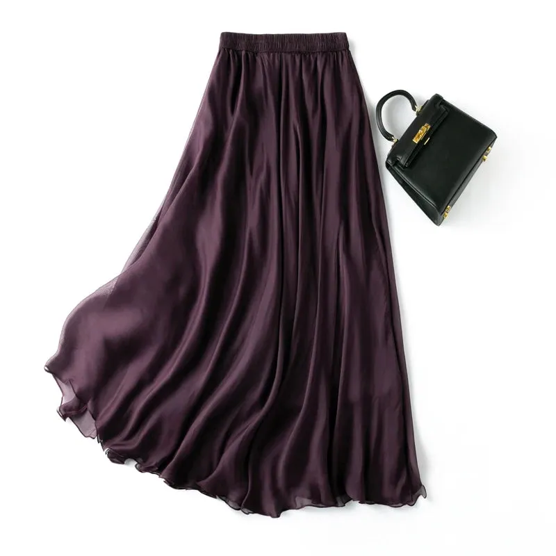 Silk Purple Skirt - Ankle-Length Pleated Office Lady Style