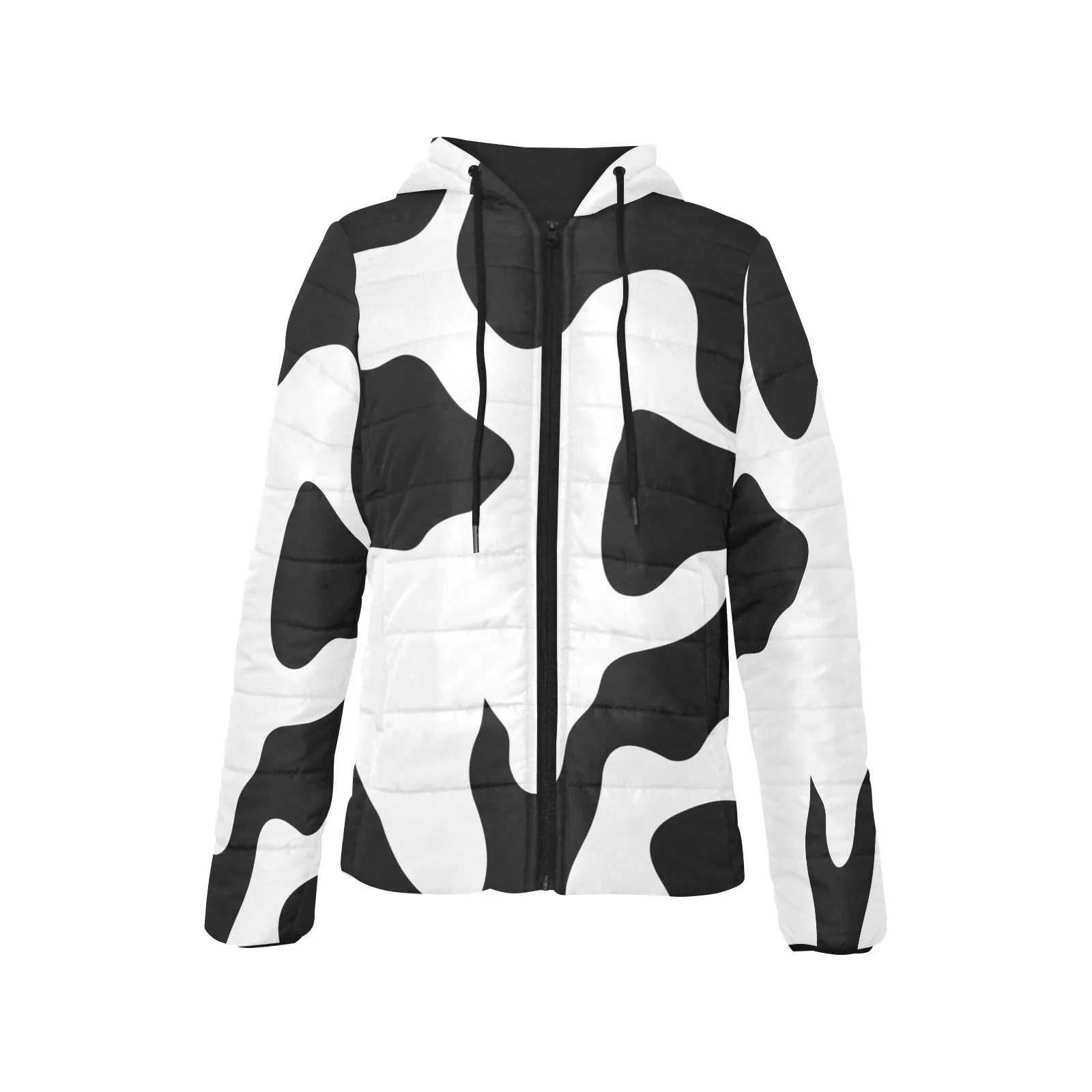 Vampire Art Grunge Animal Patterned Women's Padded Hooded Jacket - Black and White Cowhide