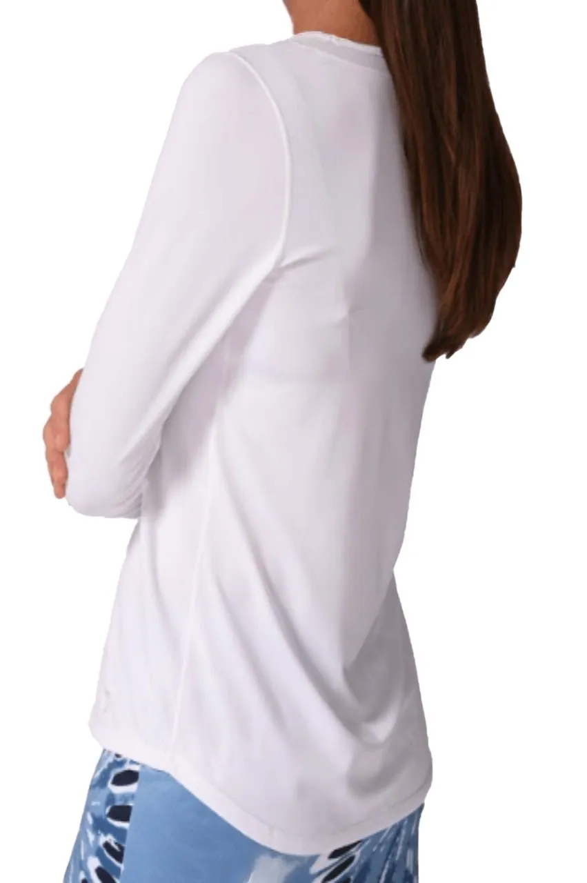 White Long Sleeve Mesh Trim Top