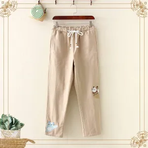 Women's Casual Cats Embroidered Pants With  Elastic