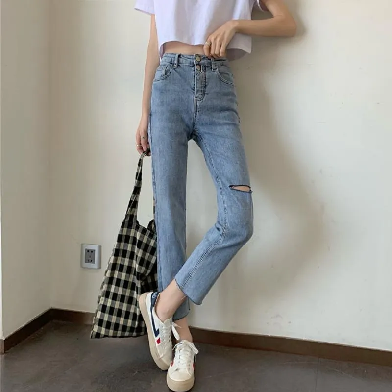 Women's Casual Hollow Out Straight Leg Denim Pants