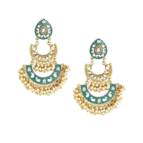 Yellow Chimes Ethnic Gold Plated Green Enamel Handpainted Design Stones Beads Traditional Chandbali Earrings for Women and Girls, Medium (YCTJER-DGNCHDBL-GR)