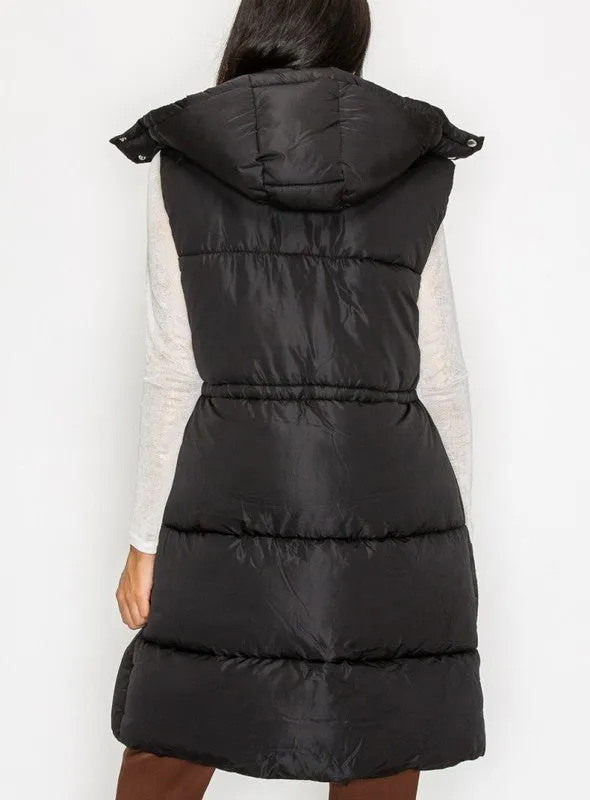 Zip Up Puffer Drawstring Long Vest