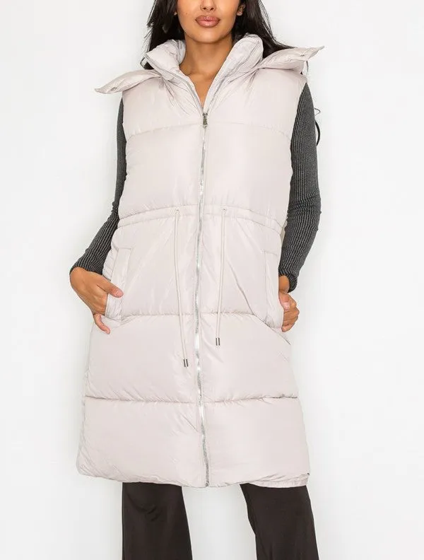 Zip Up Puffer Drawstring Long Vest