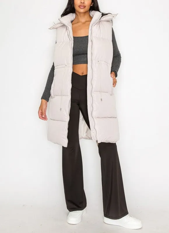 Zip Up Puffer Drawstring Long Vest